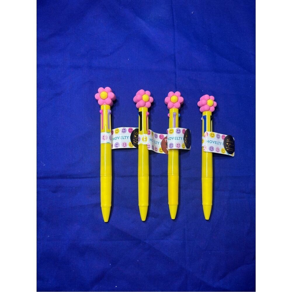 New Yellow Multi-Color Flower Top Novelty Pens - Set of 4